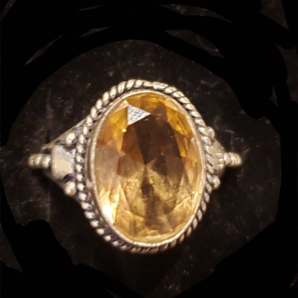 Sterling & Citrine Ring, NWOT, Large Faceted Stone, Stamped 925, Golden Color.